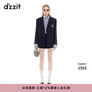 Dzzit suit spring and autumn college style sheep wool blended plaid straight jacket women 3j3f5023t dark blue s