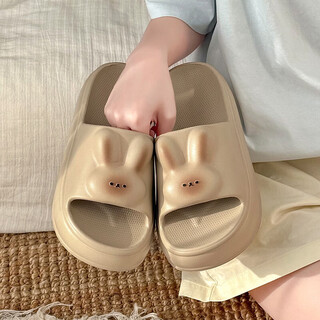 Red bean three-dimensional rabbit ears can be worn outside thick-soled slippers for women in summer, taller and slimmer, cute and fun home bathroom non-slip sweet slippers, khaki color 35-36, full size, inner length 230mm