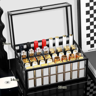 Yusenyi storage box, exquisite dressing table desktop with cover, glass storage rack, transparent lipstick and lip glaze box, black heightened 40-gate box with free stickers