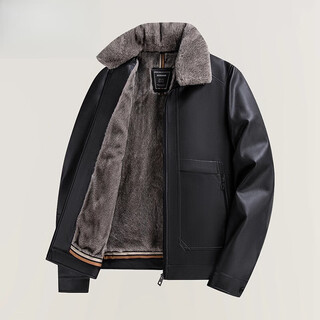 KBXNG劲霸中年皮衣外套男冬季新款加绒加厚商务休闲毛领皮夹克男装 黑色 可拆卸毛领 M 95-115斤