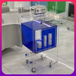 Acrylic beauty salon multi-function tool cart hairdressing equipment mobile trolley customized nail art storage rack acrylic trolley blue model with printed logo