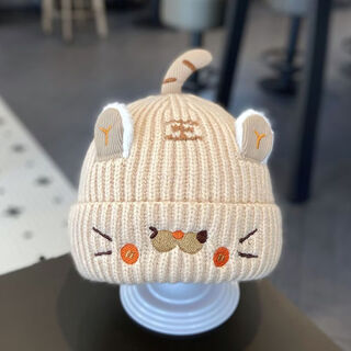 Wua wua baby hat autumn and winter woolen hat for male and female babies cute cartoon super cute windproof warm pullover knitted hat beige head circumference 40-48cm reference age 3 months to about 2 years old