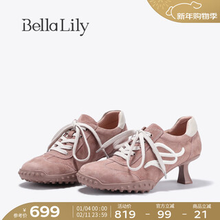 Bella lily 2026 new spring sports style racing moral training shoes for women pink casual shoes sheepskin high heels pink 36