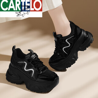 Cartelo crocodile genuine leather comfortable dad shoes for women spring and autumn new versatile thick-soled lightweight mesh casual sports shoes 2126 black 34