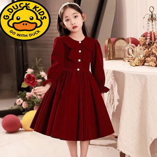 G.duck girls dress high-end autumn and winter children's red princess dress flower girl wedding little girl piano performance dress tutu skirt red plus velvet 160 recommended 150cm