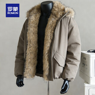 Romon high-end mountain carved fur collar down jacket for men in winter 2026 new high quality lightweight and warm 90 duck down loose military green s (90-125jin jin is equal to 0.5kg)