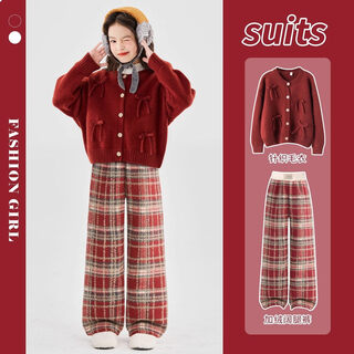 I.karnow girls' new year clothes 2026 new girl's suit autumn and winter western style festive year of the pig red new year sweater 19745 red + 15190 red plus velvet suit 170