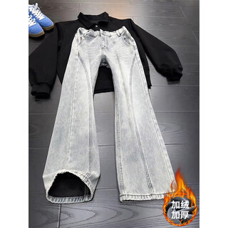 Shelley jones nostalgic blue bias-cut velvet jeans men's autumn and winter thickened straight boot-cut pants american retro vibe scimitar pants nostalgic blue plus velvet l recommended 100-120jin jin equals 0.5 kg