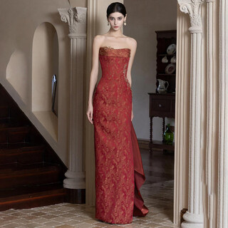New chinese-style evening dress bride red tube top light luxury dressing gown retro engagement banquet home toast attire burgundy s