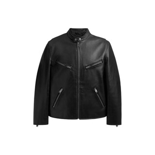Coach racer solid color round neck zipper long-sleeved leather jacket men's black black s