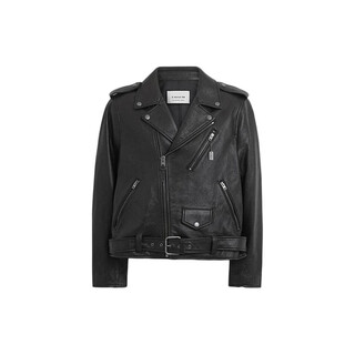 Coach solid color glossy cuban collar zip closure leather jacket men's black black m