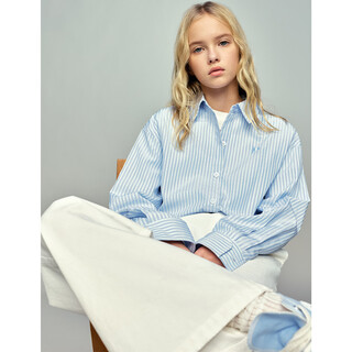 Elle kids classic blue and white striped embroidered loose long-sleeved 2026 girls spring new shirt fresh and simple top