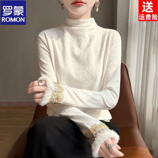 Romon new chinese style long sleeve half turtle collar shirt women's 2026 autumn velvet thickened national style bottoming shirt western style top white velvet m recommendation 85-105