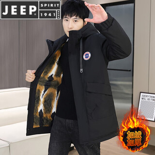 JEEP SPIRIT派克服男冬季外套加绒加厚中长款防风衣潮流冬装保暖棉服男士夹克 2801黑色【加 绒加 厚】 M 【90-110斤】