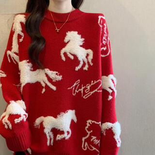 Angel mood red sweater women's year of the horse zodiac red sweater new year's style thickened round neck loose women's sweater bottoming shirt women burgundy 2xl