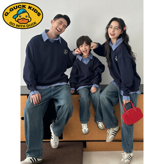 G.duck2025 super popular parent-child outfit mother-child american fake two-piece sweatshirt autumn and winter lazy shirt collar top for a family of three or four blue 100