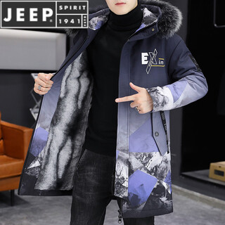 Jeep spirit men's winter windbreaker jacket plus velvet thickening korean style trendy mid-length parka cotton jacket subzero coldproof cotton jacket 21258 black blue m