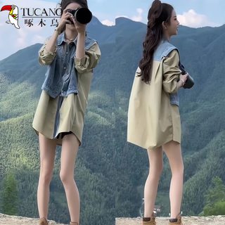 Woodpecker (tucano) korean style fashionable retro temperament denim vest spliced fake two-piece shirt for women spring mid-length shirt jacket khaki m recommended weight 100jin jin is equal to within 0.5kg
