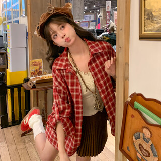 Mori girl tribe sweet style simple long sleeve plaid shirt women 2025 new student party loose versatile jacket winter red shirt m