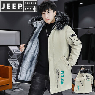 Мужская куртка с капюшоном jeep spirit осенью и зимой плюс бархатная теплая куртка-парка средней длины, ветровая одежда, мужское хлопковое пальто цвета хаки, примерно m (можно носить 95-115jin jin = 0,5 кг)