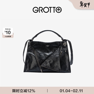 Grotto lapel bag genuine leather large capacity commuting niche motorcycle style portable shoulder messenger bag commuting new year gift classic black (cow leather) s