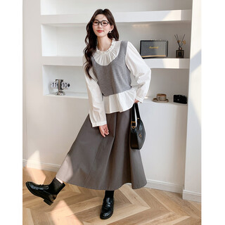 Ives (itisf4) design sense and temperament fake two-piece spring retro style age-reducing ruffled slimming top gray m