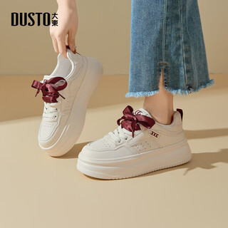 Dusto dadong small white shoes women's shoes spring new flat mid-heel lace-up round toe color collage c1381 beige 39