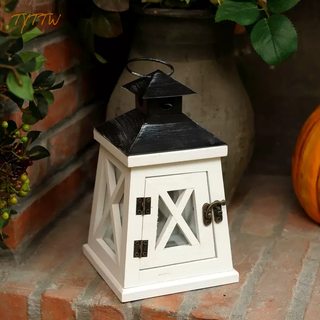 Yusen yi candle holder wooden glass wind lamp iron art european decoration simple creative ornament home power supply retro candle white tower shape high 21 bottom 12.5cm