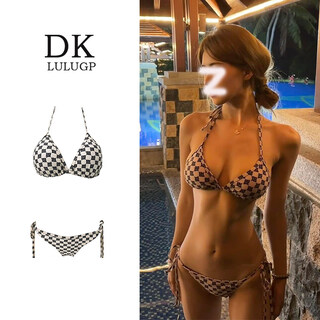 Dk swimsuit women's european and american retro printed tube top bikini sexy three-point small breast push-up breast pad hot spring swimsuit apricot m