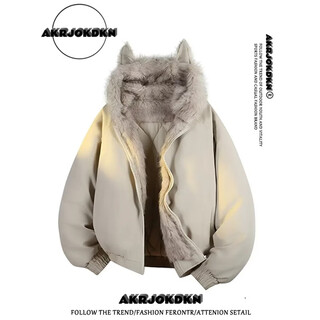 Akrjokdkn american retro hooded cat ear mount mountain carving cotton jacket men's winter thickened warm heavyweight cotton jacket coat couple cotton coat white gray high quality xl