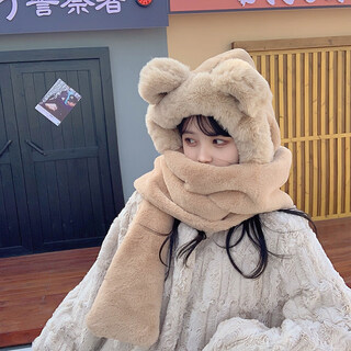 Viney scarf women's winter 2025 new hat and gloves one-piece hooded bear warm neck scarf women's three-piece set khaki khak38 queen's day gift for wife and girlfriend goddess day women's day best friend one size