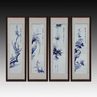 Fantasy four-screen porcelain plate painting living room entrance decorative painting sofa background plum, orchid, bamboo and chrysanthemum c style 135cmx45cm real shot, set, framed size