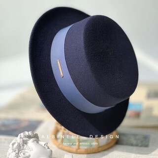 Albinele new french autumn and winter flat-top woolen hat for women with flat brim and small brim british large head circumference for men versatile camel black blue (blue belt) m 54-58 adjustable m (suitable for most people)