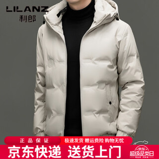 Lilanz winter hooded down jacket for men, thin, warm, anti-drilling velvet, slim fit, men's duck down jacket, short casual cold weather clothing, off-white 4xl