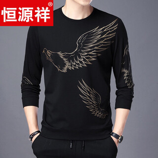 Hengyuanxiang high-end sweatshirt men's round neck spring thin middle-aged men's long-sleeved t-shirt men's fashion printed t-shirt daddy gold a26 m 165