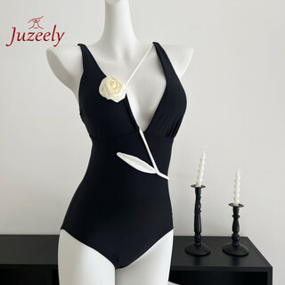 Juzeely black rose one-piece triangle french sexy hot girl swimsuit women's slim deep v slim backless spa black m