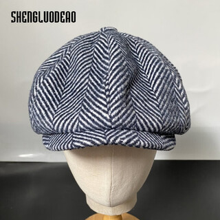 San rodeo forward hat newsboy hat special japanese order autumn and winter octagonal hat men's pointed hat newsboy hat cloud beret painting octagonal hat autumn and winter navy blue wide strip herringbone s (54-56cm)
