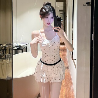 Tianzhui swimsuit for women, swimming suspender skirt style, casual and conservative, slimming and belly-covering, hot spring swimsuit, swimming beach, seaside, swimsuit for women, white polka dots, one size fits all, recommended 80-115 jin jin is equal to 0.5 kg