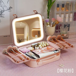 Large-capacity makeup bag with light and mirror led light makeup artist's special beauty partition storage box portable cherry blossom pink ring light wing style - brand new upgrade - built-in battery