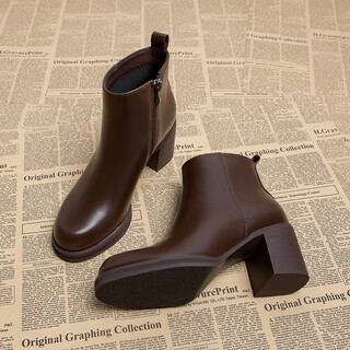 Jweture light luxury high-heeled french ankle boots for women autumn and winter small short boots with thick heels for small people winter shoes korean plus velvet horse 777-2 brown (single lining) 34