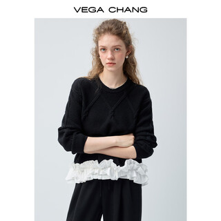 Vega chang lace code three-dimensional round neck sweater for women 2026 new spring splicing versatile top temperament black m