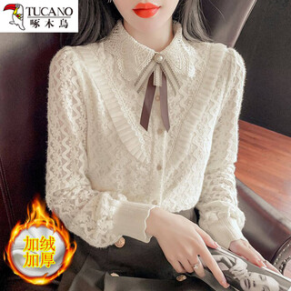 Woodpecker velvet thickened shirt for women autumn and winter new lace shirt chic temperament top noble foreign style fashionable bottoming shirt apricot velvet thickened s 80-95jin jin is equal to 0.5 kg