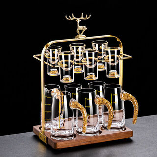 Jie yun mao gold foil white cup set light luxury dispenser crystal glass small cup household high-end utensils 6 pots 6 cups deer head rack gold foil dispenser 100ml + gold foil cup 10ml