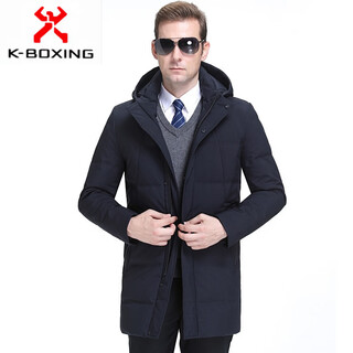 Kbxng jinba men's down jacket mid-long thickened white duck down hooded korean dad clothing middle-aged and elderly loose casual outerwear 2063 blue xl 180/52