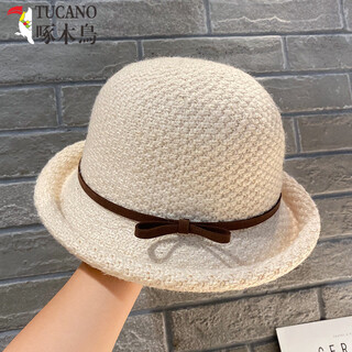 Woodpecker (tucano) bow-knot top hat for women in autumn and winter, versatile japanese-style sunshade hat, rolled edge knitted woolen hat, fashionable face, millet white m (56-58cm)