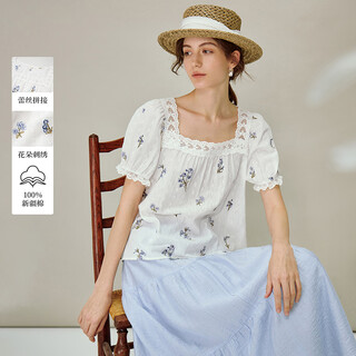 Inman french floral lace stitching square neck babydoll 2026 spring women's new embroidered top salt white s