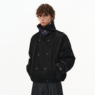 Pclp retro splicing plaid windbreaker jacket winter national fashion multi-wear silhouette stand-up collar design windbreaker jacket black s