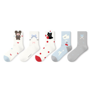 Pami primeet/pami socks women's spring and autumn mid-calf socks cute idea yarn dachshund puppy boneless breathable long socks sleeping puppy-pack 5 pairs one size fits all (suitable for sizes 36-39)