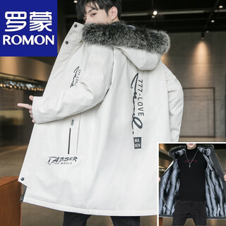 Luo meng winter men's mid-length cotton-padded jacket with velvet and thickening, trendy casual sherpa parka down jacket 917 beige velvet and thickened l