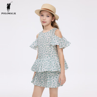 Polowalk 100% cotton children's clothing girls short-sleeved shirt 2026 summer new printed off-shoulder top green 120